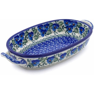 Polish Pottery Oval Baker with Handles 8-inch Blue Pansy