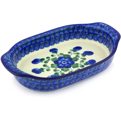 Polish Pottery Oval Baker with Handles 8&quot; Blue Poppies