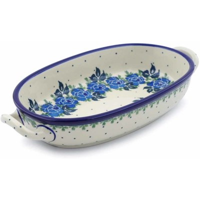 Polish Pottery Oval Baker with Handles 8-inch Blue Rose