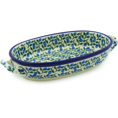 Polish Pottery Oval Baker with Handles 8-inch Blueberry Vine
