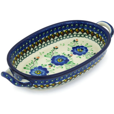 Polish Pottery Oval Baker with Handles 8-inch Cobalt Poppies UNIKAT