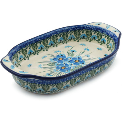 Polish Pottery Oval Baker with Handles 8&quot; Forget Me Not UNIKAT