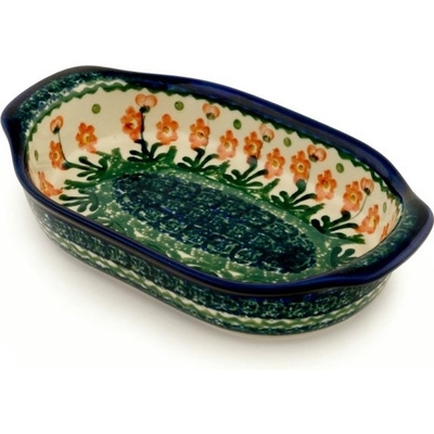 Polish Pottery Oval Baker with Handles 8&quot; Peach Spring Daisy