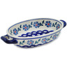 Polish Pottery Oval Baker with Handles 8&quot; Peacock Forget-me-not