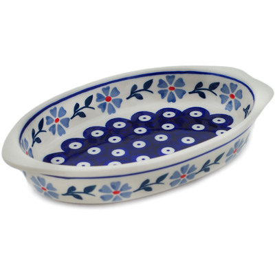 Polish Pottery Oval Baker with Handles 8&quot; Peacock Forget-me-not