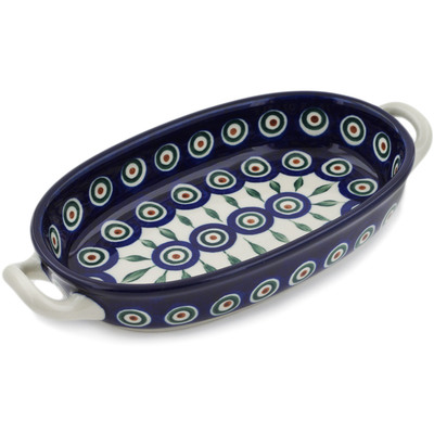 Polish Pottery Oval Baker with Handles 8-inch Peacock Leaves