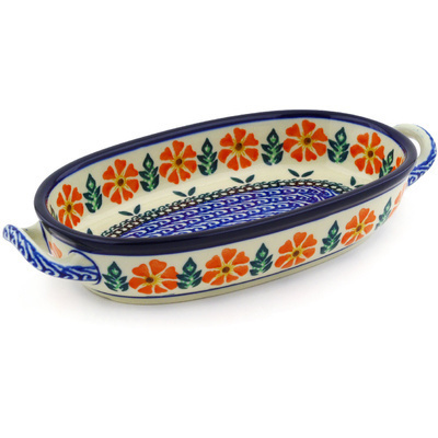 Polish Pottery Oval Baker with Handles 8-inch Poppy Inferno