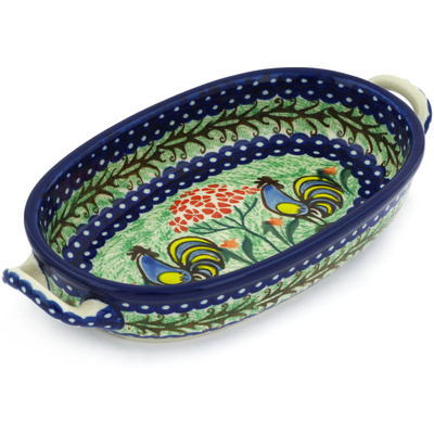 Polish Pottery Oval Baker with Handles 8-inch Rooster Dance UNIKAT