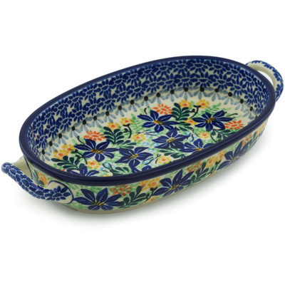 Polish Pottery Oval Baker with Handles 8-inch Sapphire Lilies UNIKAT