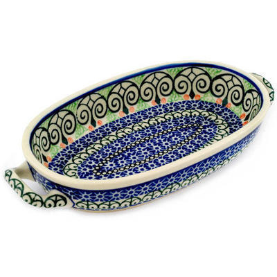 Polish Pottery Oval Baker with Handles 8-inch Scroll Window