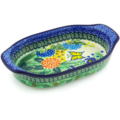 Polish Pottery Oval Baker with Handles 8&quot; Spring Garden UNIKAT