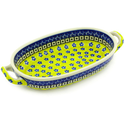 Polish Pottery Oval Baker with Handles 8-inch Sunburst Daisies