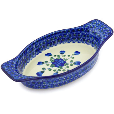 Polish Pottery Oval Baker with Handles 9&quot; Blue Poppies