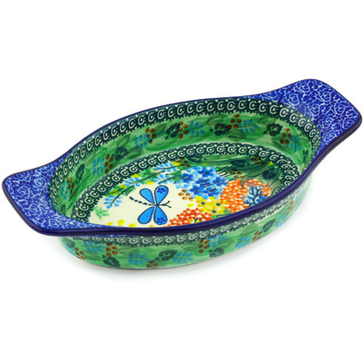 Polish Pottery Oval Baker with Handles 9&quot; Garden Delight UNIKAT