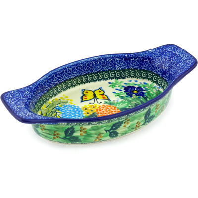 Polish Pottery Oval Baker with Handles 9&quot; Spring Garden UNIKAT