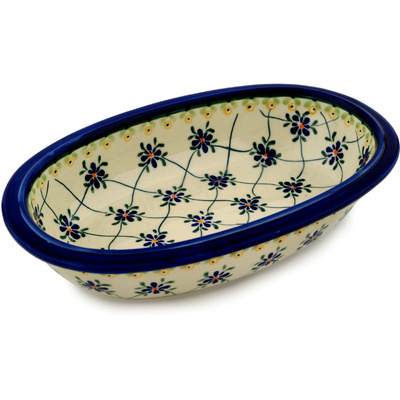 Polish Pottery Oval Bowl 10&quot; Gingham Trellis