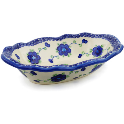 Polish Pottery Oval Bowl 11&quot; Blue Poppies