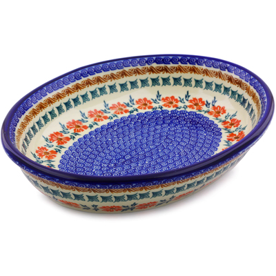 Polish Pottery Oval Bowl 12&quot; Red Cornflower