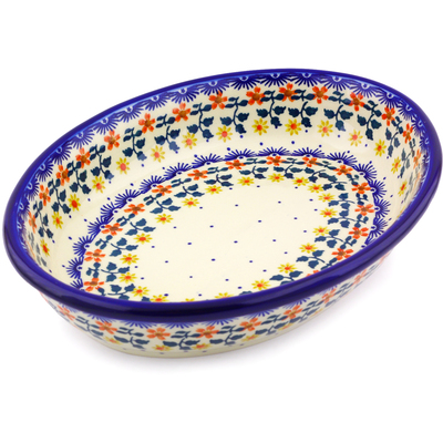 Polish Pottery Oval Bowl 12&quot; Red Sunflower