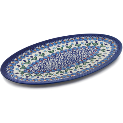 Polish Pottery Oval Plate 14&quot; Blue Tulip Garden UNIKAT