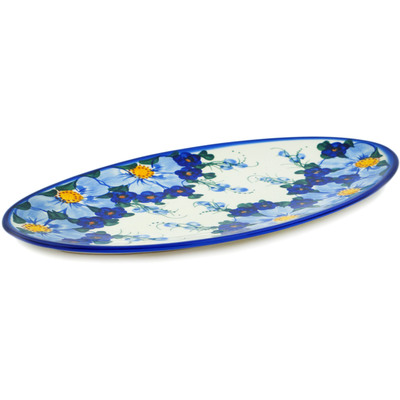 Polish Pottery Oval Plate 14&quot; Himalayan Blue Poppy UNIKAT