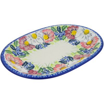 Polish Pottery Oval Platter 11&quot; Maroon Blossoms UNIKAT