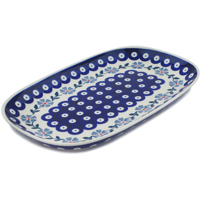 Polish Pottery Oval Platter 11&quot; Peacock Forget-me-not