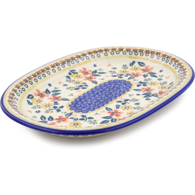 Polish Pottery Oval Platter 11&quot; Red Anemone Meadow UNIKAT