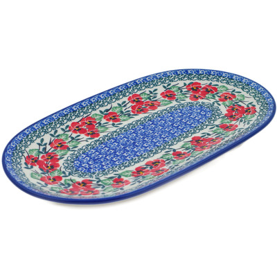 Polish Pottery Oval Platter 11&quot; Red Pansy