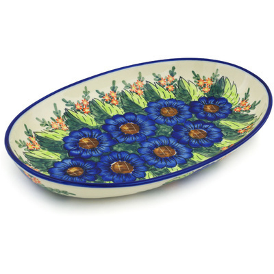 Polish Pottery Oval Platter 14&quot; Blue Bouquet UNIKAT