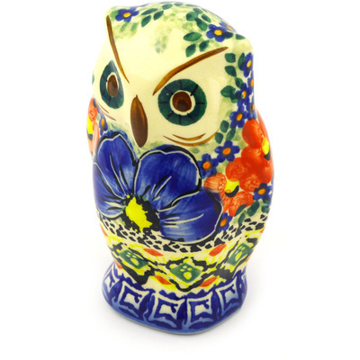 Polish Pottery Owl Figurine 4&quot; Aztec Flowers UNIKAT