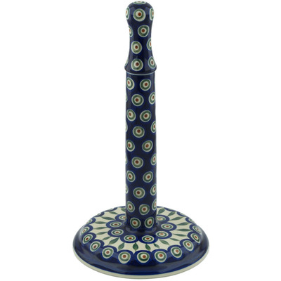 Polish Pottery Paper Towel Stand 13&quot; Peacock Leaves