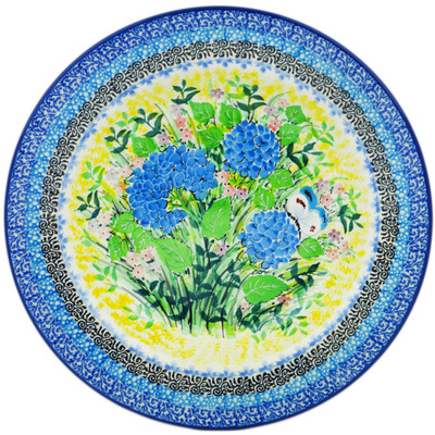 Polish Pottery Pasta Bowl 9&quot; Blue Hydrangea UNIKAT