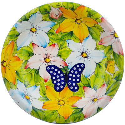 Polish Pottery Pasta Bowl 9&quot; Floral Peacock Butterfly