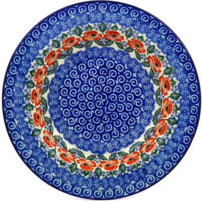 Polish Pottery Pasta Bowl 9&quot; Red Poppies On Blue