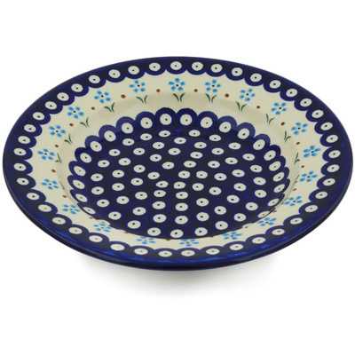 Polish Pottery Pasta Bowl 9&quot; Sky Blue Daisy