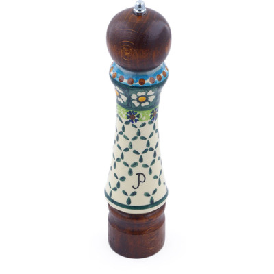 Polish Pottery Pepper Grinder 8&quot; Green Daisy