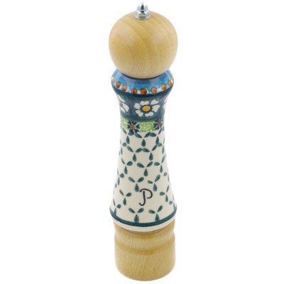 Polish Pottery Pepper Grinder 8&quot; Green Daisy