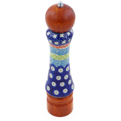 Polish Pottery Pepper Grinder 8&quot; Peacock Flowers