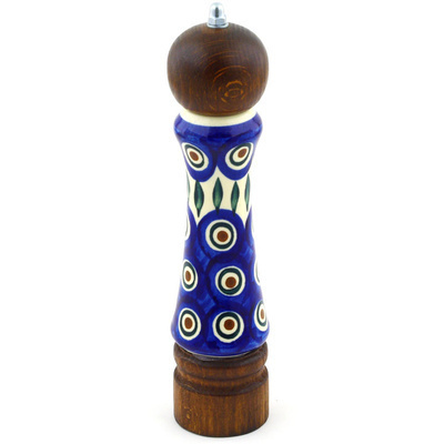 Polish Pottery Pepper Grinder 9&quot; Blue Peacock