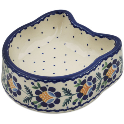 Polish Pottery Pet Bowl 7&quot; Orange And Blue Flower