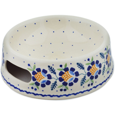 Polish Pottery Pet Bowl 8&quot; Orange And Blue Flower