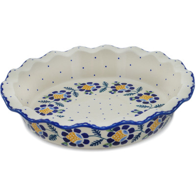 Polish Pottery Pie Dish 11&quot; Orange And Blue Flower