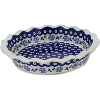 Polish Pottery Pie Dish 11&quot; Peacock Forget-me-not