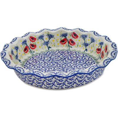 Polish Pottery Pie Dish 11&quot; Poppies And Cornflowers UNIKAT