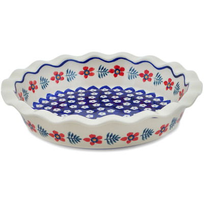 Polish Pottery Pie Dish 11&quot; Poppies And Ferns