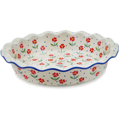 Polish Pottery Pie Dish 11&quot; Red Primrose