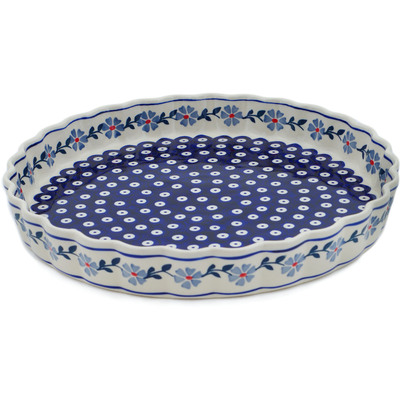 Polish Pottery Pie Dish 12&quot; Peacock Forget-me-not