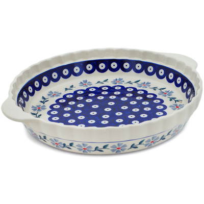 Polish Pottery Pie Dish Fluted with Handles 11&quot; Peacock Forget-me-not