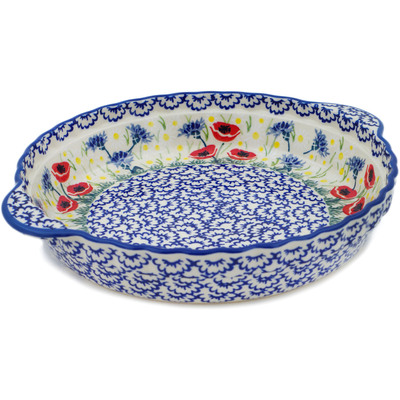 Polish Pottery Pie Dish Fluted with Handles 11&quot; Poppies And Cornflowers UNIKAT